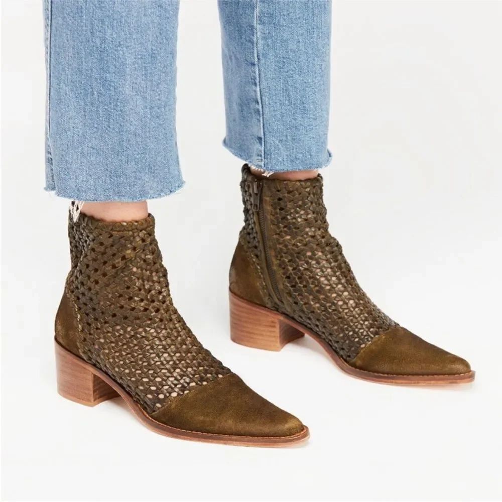 Free People Seude Leather In The Loop Woven Bootie Pointed Toe Olive Green 36